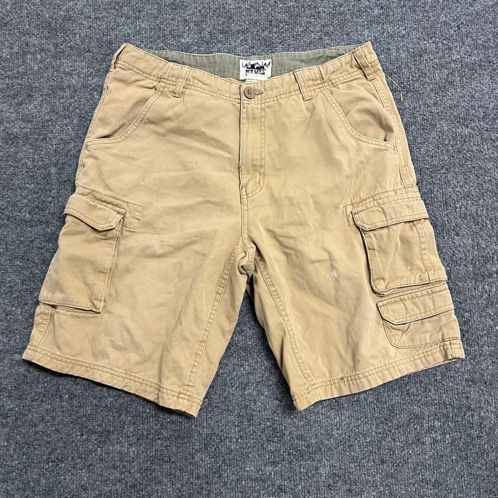 Old Mill Cargo Shorts Mens Size 32 Tan Khaki Cotton Utility Multi Pocket Stained